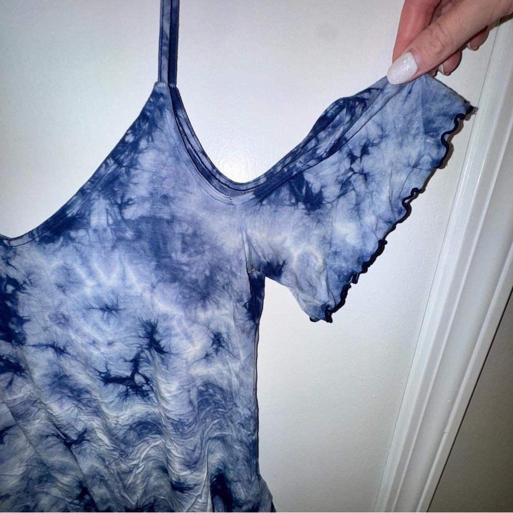 American Eagle Outfitters Navy Blue Tie-Dye Cold Shoulder Blouse - Picture 3 of 7